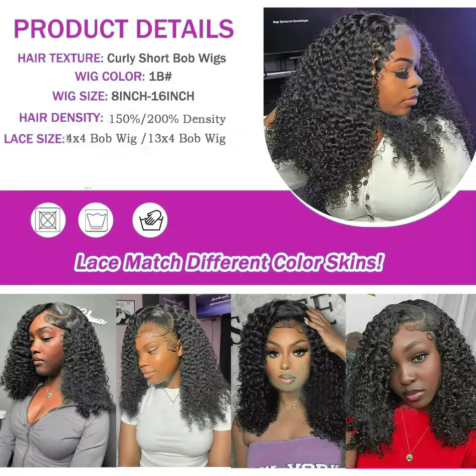 Curly Short Bob Wig Human Hair 13x4 Deep Wave Lace Front Wigs Human Hair Curly Wigs for Black Women Short Bob Wigs Wet and Wavy 4x4 Lace Closure Bob Wig Natural Hairline 250% Density