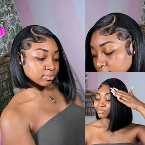 (Dazed) Straight Short Bob Human Hair HD Lace Front Wig 13x4, 230% Density, Bone Straight, Pre-Plucked