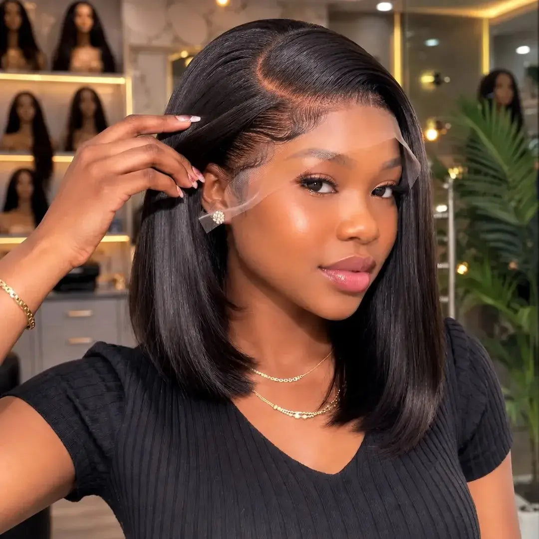 (Dazed) Straight Short Bob Human Hair HD Lace Front Wig 13x4, 230% Density, Bone Straight, Pre-Plucked