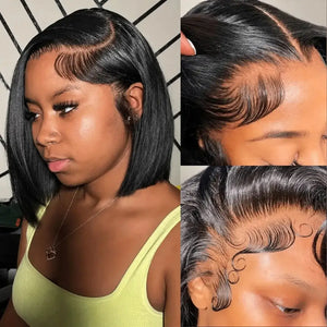 (Dazed) Straight Short Bob Human Hair HD Lace Front Wig 13x4, 230% Density, Bone Straight, Pre-Plucked