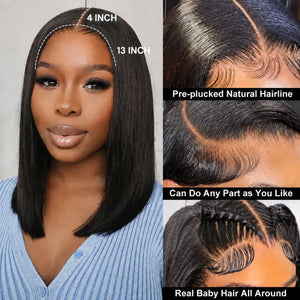 (Dazed) Straight Short Bob Human Hair HD Lace Front Wig 13x4, 230% Density, Bone Straight, Pre-Plucked