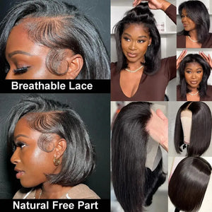 (Dazed) Straight Short Bob Human Hair HD Lace Front Wig 13x4, 230% Density, Bone Straight, Pre-Plucked