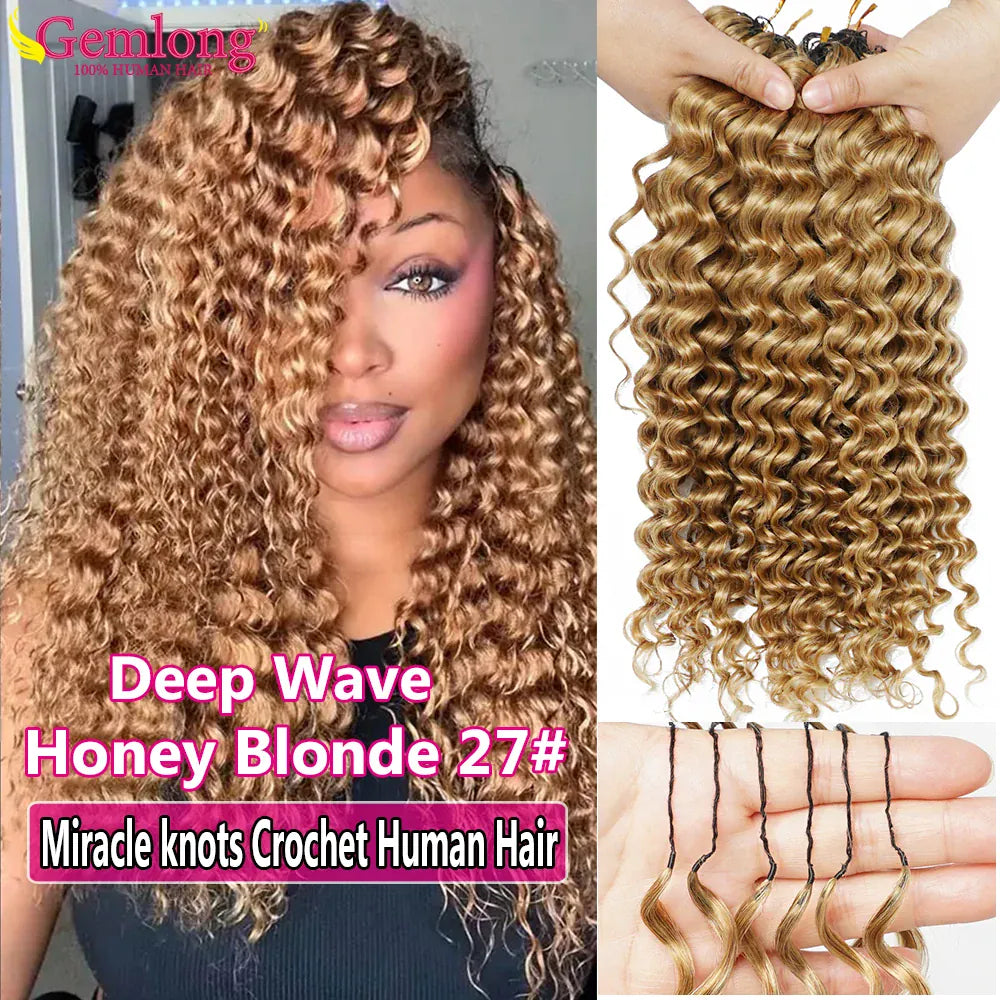 Deep Wave Bundles Burmese Curly Crochet Hair Honey Blonde Feather Crochet Human Hair 100% Miracle Knots Crochet Human Hair