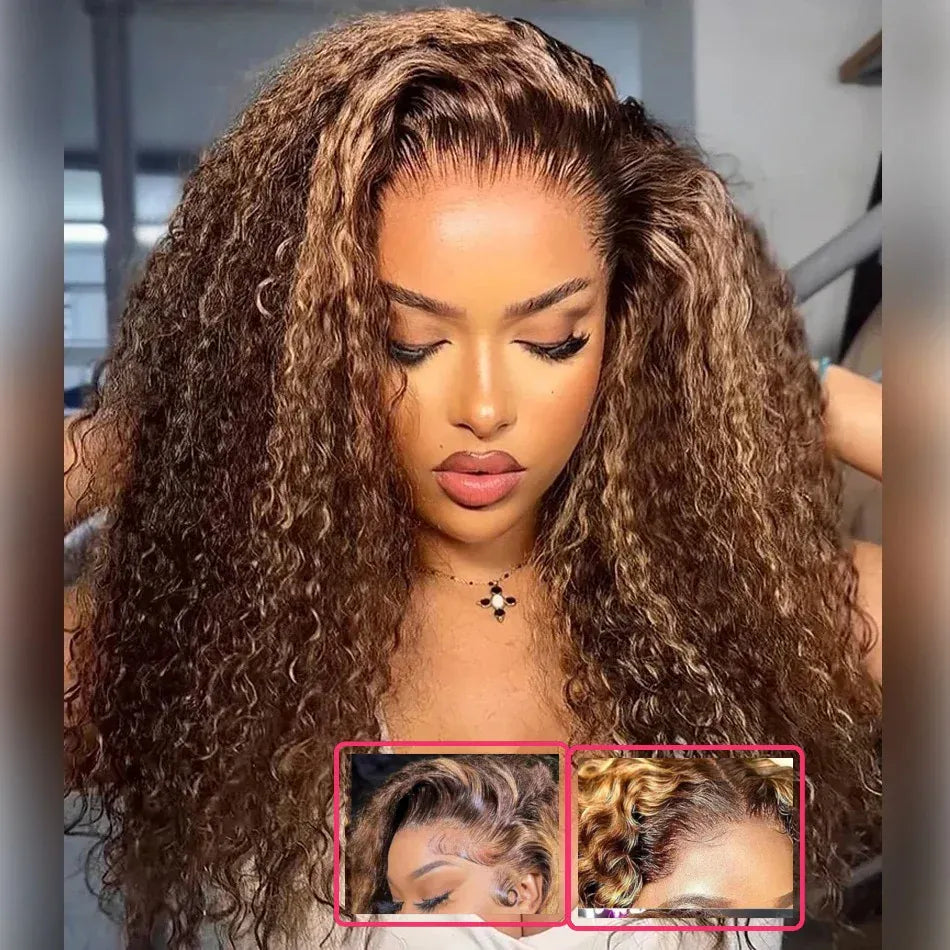 Honey Blonde Highlight Deep Wave Human Hair Wig 5x5 or 13x4 HD Lace Closure Glueless Pre-Plucked