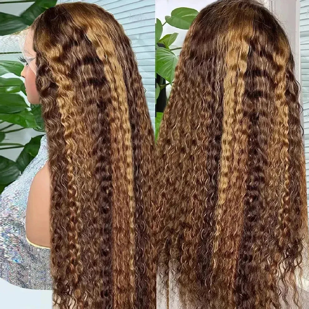 Honey Blonde Highlight Deep Wave Human Hair Wig 5x5 or 13x4 HD Lace Closure Glueless Pre-Plucked