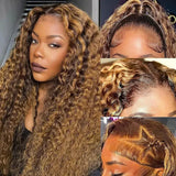 Honey Blonde Highlight Deep Wave Human Hair Wig 5x5 or 13x4 HD Lace Closure Glueless Pre-Plucked