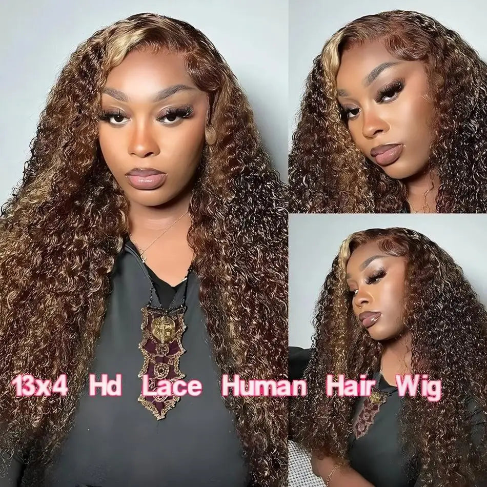 Honey Blonde Highlight Deep Wave Human Hair Wig 5x5 or 13x4 HD Lace Closure Glueless Pre-Plucked