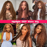 Honey Blonde Highlight Deep Wave Human Hair Wig 5x5 or 13x4 HD Lace Closure Glueless Pre-Plucked