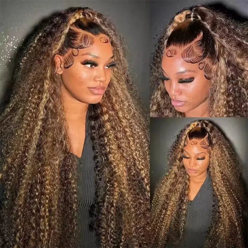 Deep Wave Highlight Ombre Lace Front Wigs Human Hair 250% Density Deep Curly Human Hair Wig Pre Plucked P4/27 Ombre 13x4 HD Lace Frontal Wigs With Baby Hair For Women