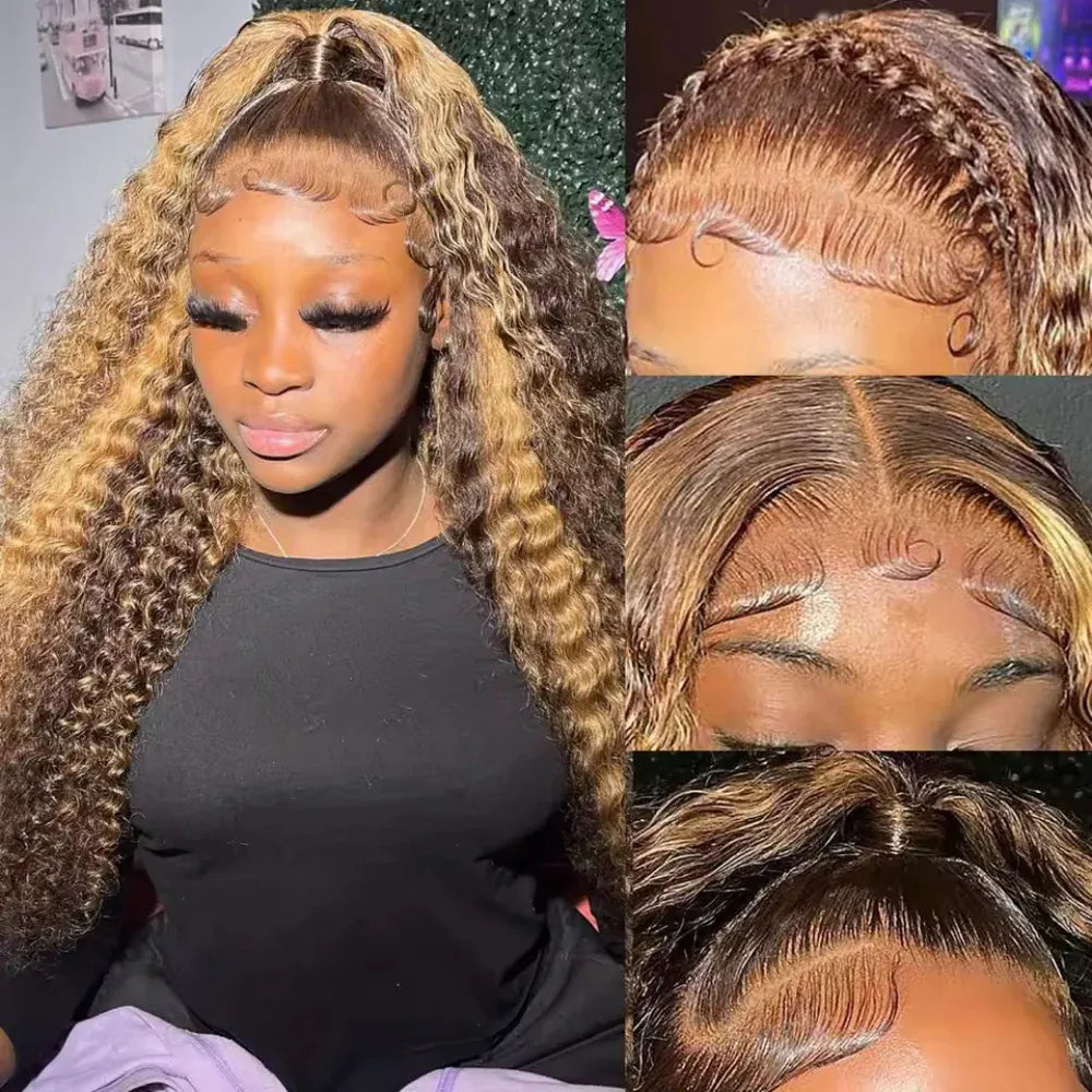 Deep Wave Highlight Ombre Lace Front Wigs Human Hair 250% Density Deep Curly Human Hair Wig Pre Plucked P4/27 Ombre 13x4 HD Lace Frontal Wigs With Baby Hair For Women