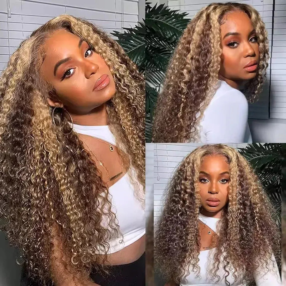 Deep Wave Highlight Ombre Lace Front Wigs Human Hair 250% Density Deep Curly Human Hair Wig Pre Plucked P4/27 Ombre 13x4 HD Lace Frontal Wigs With Baby Hair For Women