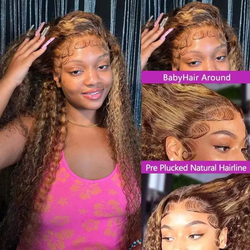 Deep Wave Highlight Ombre Lace Front Wigs Human Hair 250% Density Deep Curly Human Hair Wig Pre Plucked P4/27 Ombre 13x4 HD Lace Frontal Wigs With Baby Hair For Women