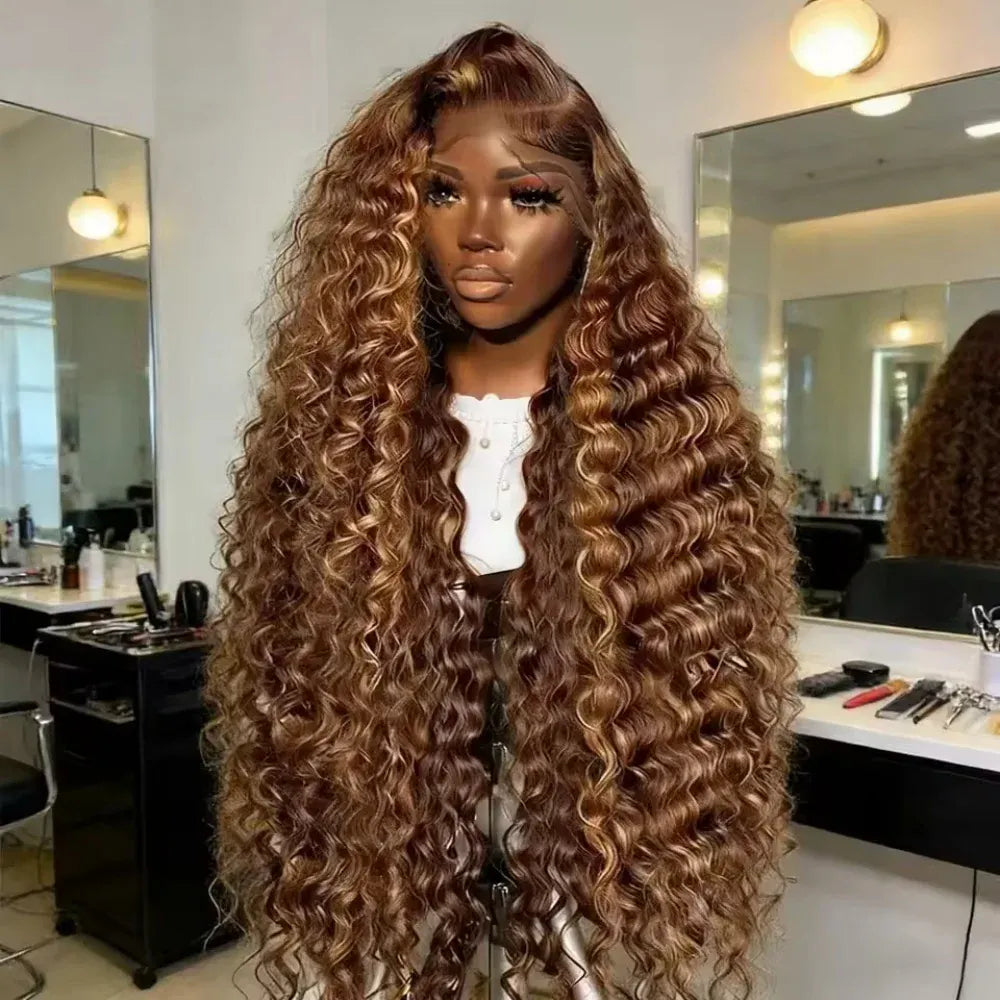 Deep Wave Highlight Ombre Lace Front Wigs Human Hair 250% Density Deep Curly Human Hair Wig Pre Plucked P4/27 Ombre 13x4 HD Lace Frontal Wigs With Baby Hair For Women