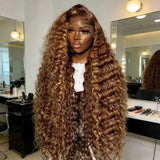 Deep Wave Highlight Ombre Lace Front Wigs Human Hair 250% Density Deep Curly Human Hair Wig Pre Plucked P4/27 Ombre 13x4 HD Lace Frontal Wigs With Baby Hair For Women