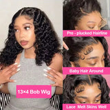 Deep wave bob human hair wig with 13x4 lace front, Brazilian virgin hair, pre-plucked, suitable for black women.