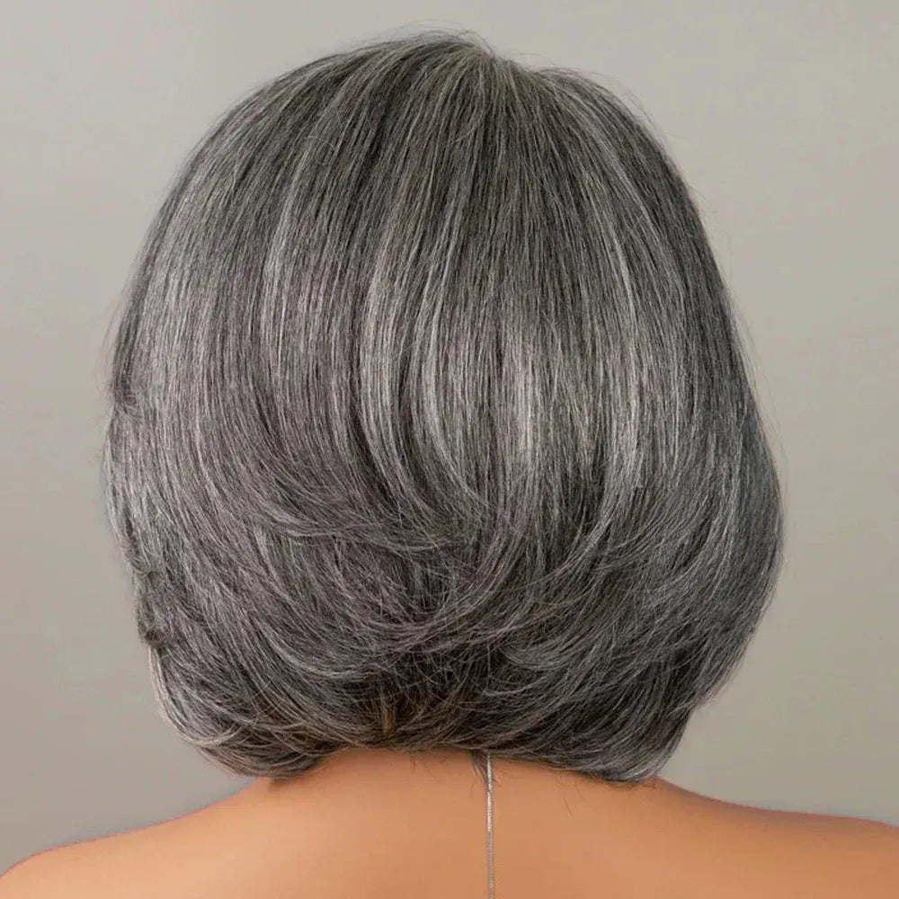 (Demeter) Grey Layered Bob Human Hair Wig, Glueless Wear and Go 5x5 HD Lace Closure 3D Dome Cap, Brazilian Bump