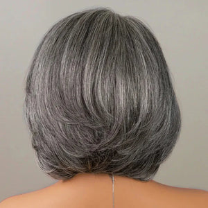(Demeter) Grey Layered Bob Human Hair Wig, Glueless Wear and Go 5x5 HD Lace Closure 3D Dome Cap, Brazilian Bump