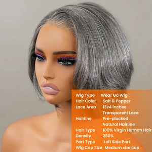 (Demeter) Grey Layered Bob Human Hair Wig, Glueless Wear and Go 5x5 HD Lace Closure 3D Dome Cap, Brazilian Bump