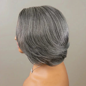 (Demeter) Grey Layered Bob Human Hair Wig, Glueless Wear and Go 5x5 HD Lace Closure 3D Dome Cap, Brazilian Bump