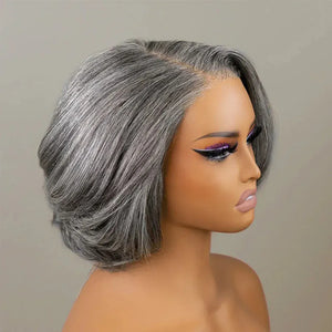 (Demeter) Grey Layered Bob Human Hair Wig, Glueless Wear and Go 5x5 HD Lace Closure 3D Dome Cap, Brazilian Bump