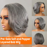 (Demeter) Grey Layered Bob Human Hair Wig, Glueless Wear and Go 5x5 HD Lace Closure 3D Dome Cap, Brazilian Bump