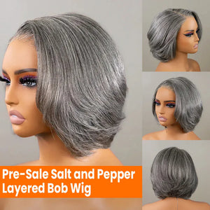 (Demeter) Grey Layered Bob Human Hair Wig, Glueless Wear and Go 5x5 HD Lace Closure 3D Dome Cap, Brazilian Bump