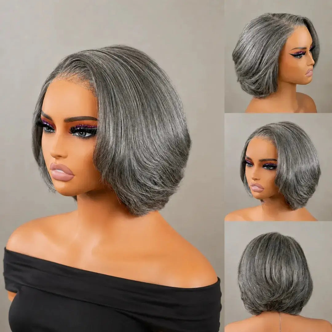 (Demeter) Grey Layered Bob Human Hair Wig, Glueless Wear and Go 5x5 HD Lace Closure 3D Dome Cap, Brazilian Bump