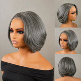 (Demeter) Grey Layered Bob Human Hair Wig, Glueless Wear and Go 5x5 HD Lace Closure 3D Dome Cap, Brazilian Bump
