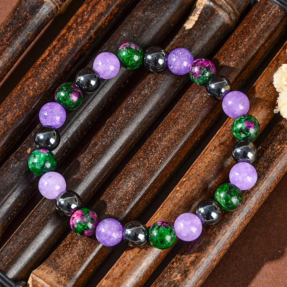 Depression-Healing Bracelet, Made of Natural Stone Including Flower-Green Stone and Purple Mica