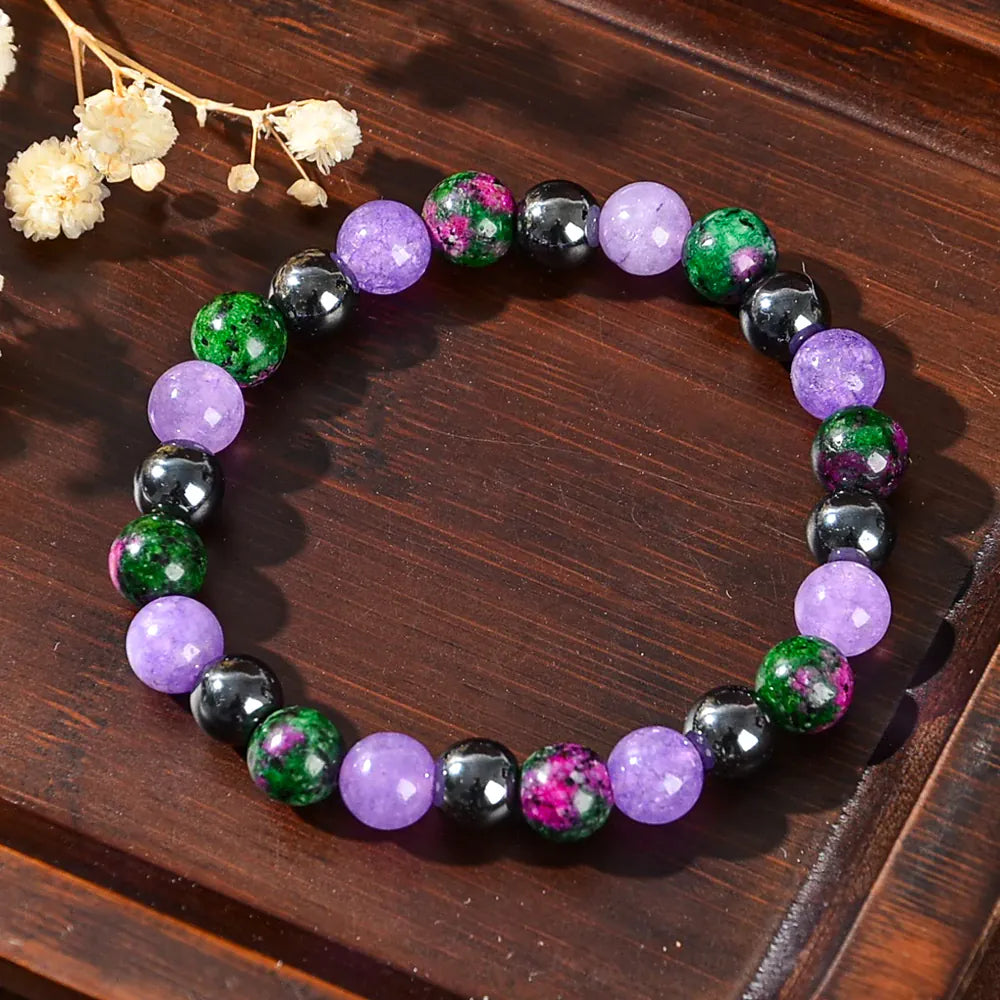 Depression-Healing Bracelet, Made of Natural Stone Including Flower-Green Stone and Purple Mica