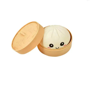 Dumpling Squishy Toy with Bamboo Steamer Box, Soft Slow Rising Sensory Stress Relief Squeeze Toy