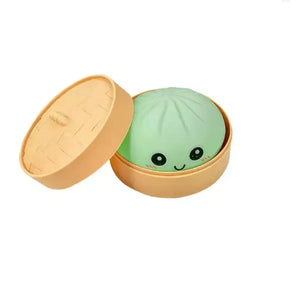 Dumpling Squishy Toy with Bamboo Steamer Box, Soft Slow Rising Sensory Stress Relief Squeeze Toy