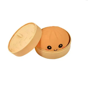 Dumpling Squishy Toy with Bamboo Steamer Box, Soft Slow Rising Sensory Stress Relief Squeeze Toy