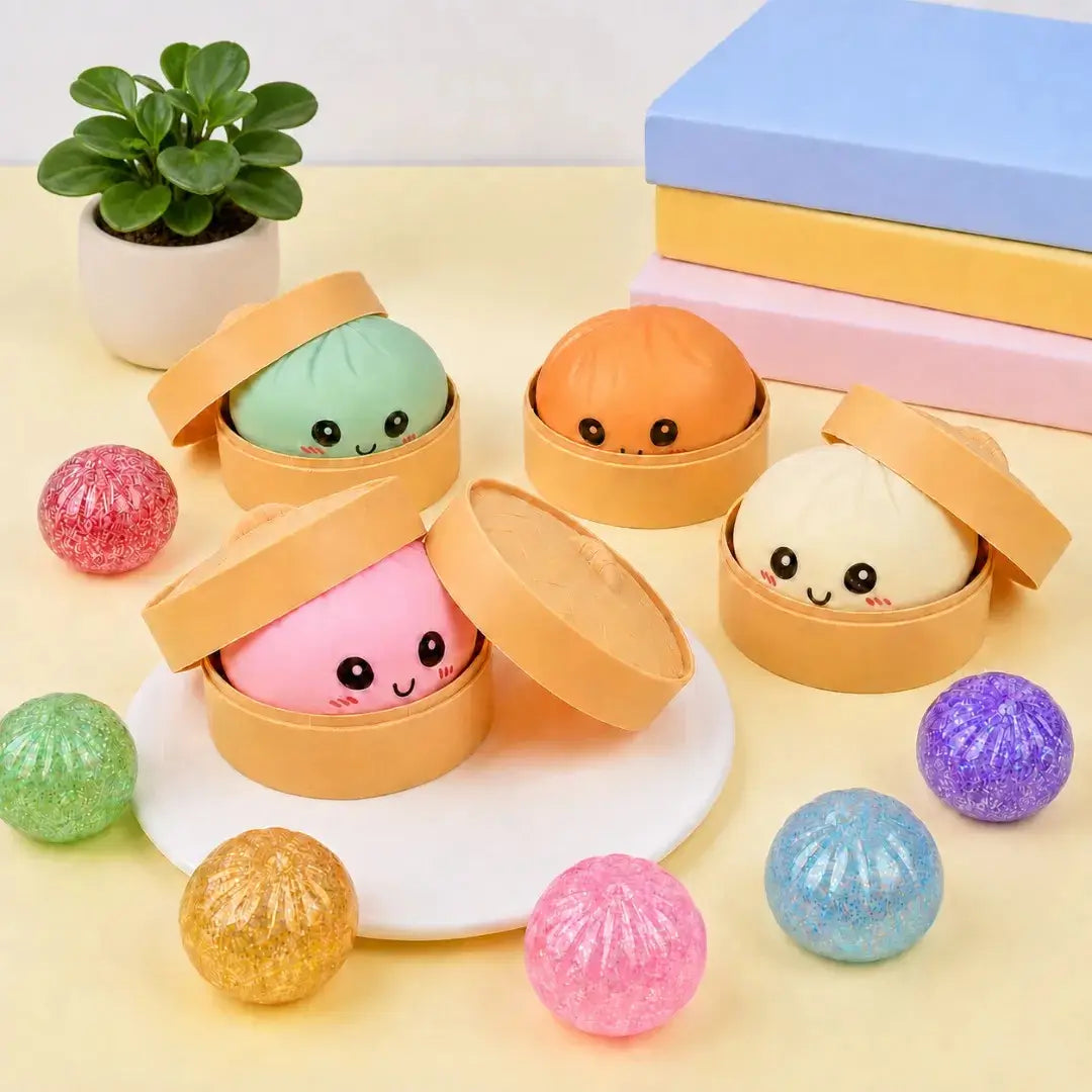 Dumpling Squishy Toy with Bamboo Steamer Box, Soft Slow Rising Sensory Stress Relief Squeeze Toy