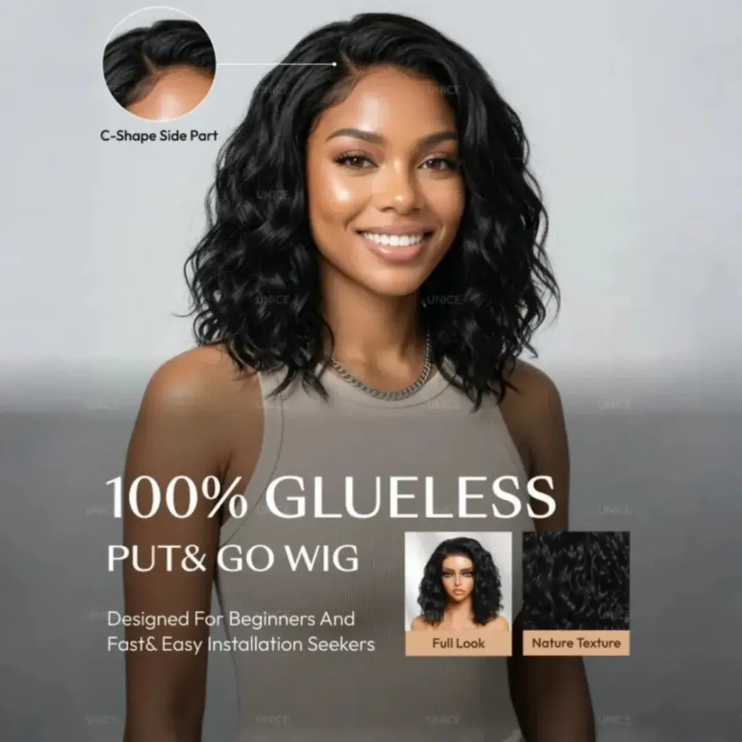 (Eos) Water Wave Bob Human Hair Wig, 6x4 Side Part HD Lace, 220% Density, Pre-Cut, Pre-Bleached