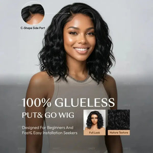 (Eos) Water Wave Bob Human Hair Wig, 6x4 Side Part HD Lace, 220% Density, Pre-Cut, Pre-Bleached
