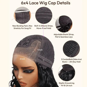 (Eos) Water Wave Bob Human Hair Wig, 6x4 Side Part HD Lace, 220% Density, Pre-Cut, Pre-Bleached
