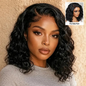 (Eos) Water Wave Bob Human Hair Wig, 6x4 Side Part HD Lace, 220% Density, Pre-Cut, Pre-Bleached