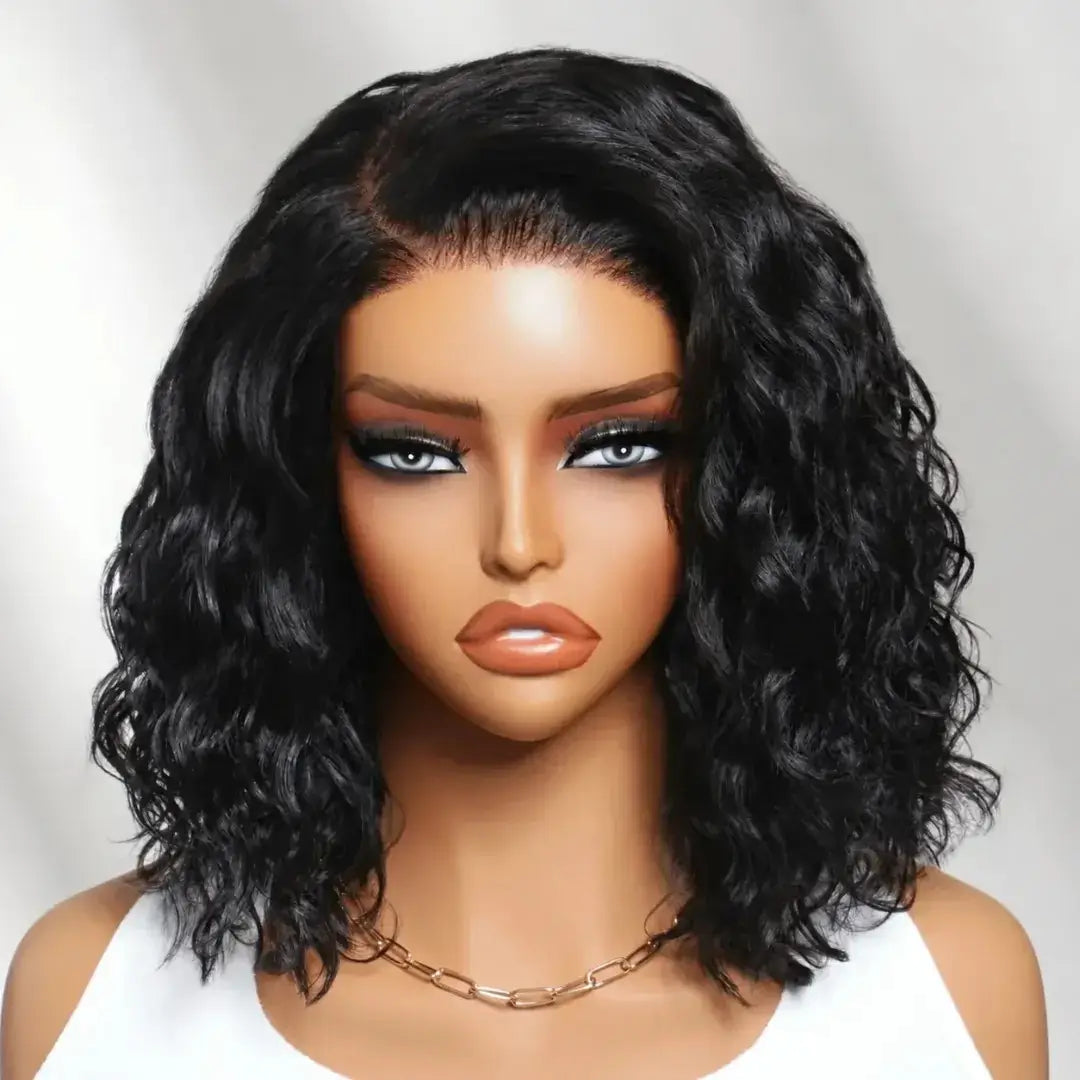 (Eos) Water Wave Bob Human Hair Wig, 6x4 Side Part HD Lace, 220% Density, Pre-Cut, Pre-Bleached