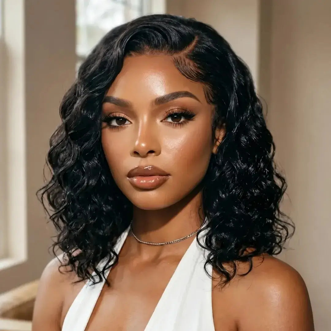 (Eos) Water Wave Bob Human Hair Wig, 6x4 Side Part HD Lace, 220% Density, Pre-Cut, Pre-Bleached