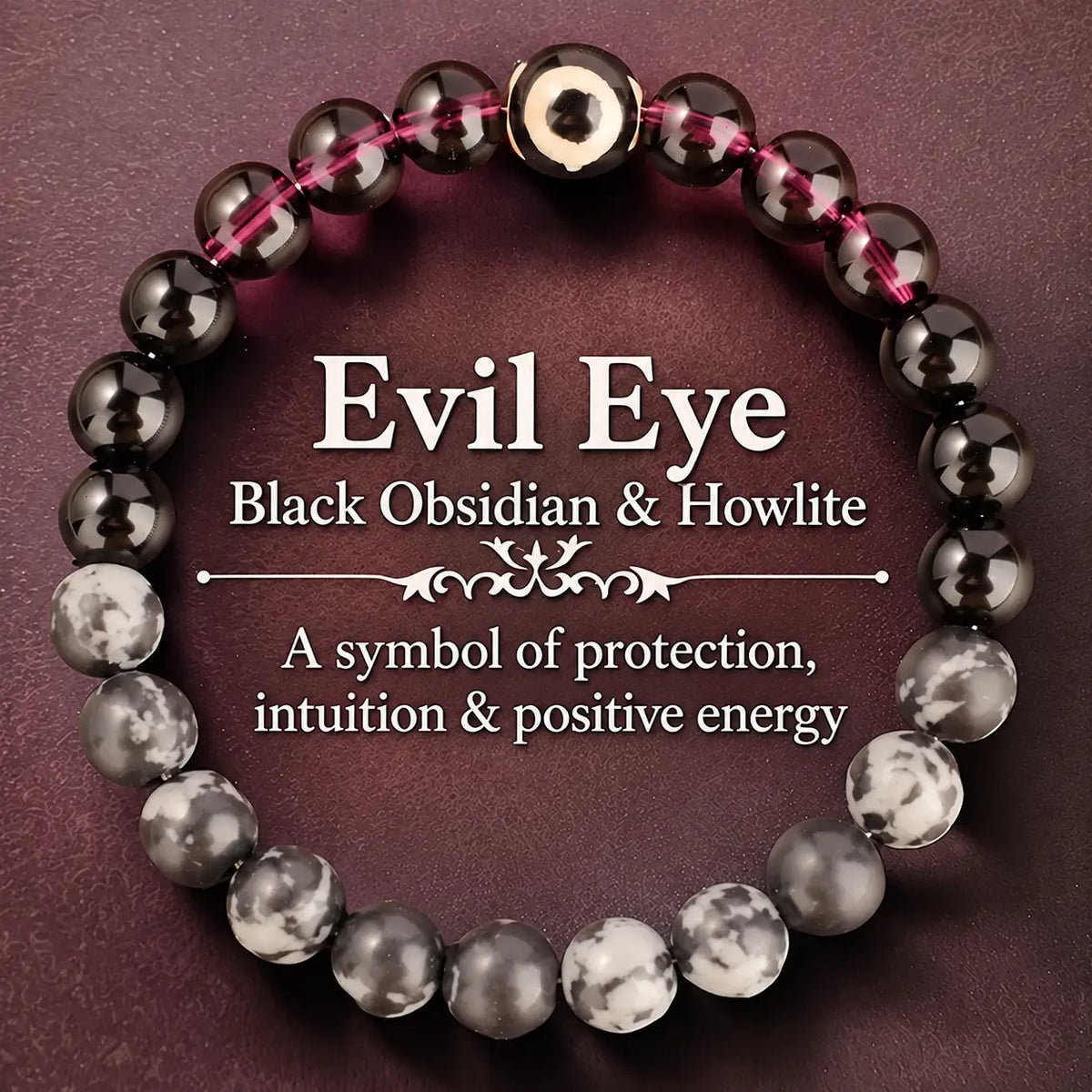 Evil Eye Bracelet with Black Obsidian and Howlite Beads, Spiritual Intention Jewelry