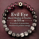 Evil Eye Bracelet with Black Obsidian and Howlite Beads, Spiritual Intention Jewelry