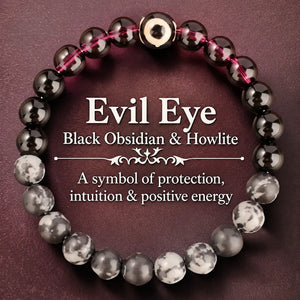 Evil Eye Bracelet with Black Obsidian and Howlite Beads, Spiritual Intention Jewelry
