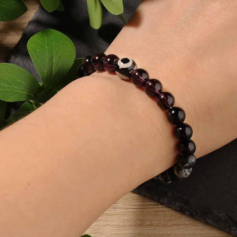 Evil Eye Bracelet with Black Obsidian and Howlite Beads, Spiritual Intention Jewelry