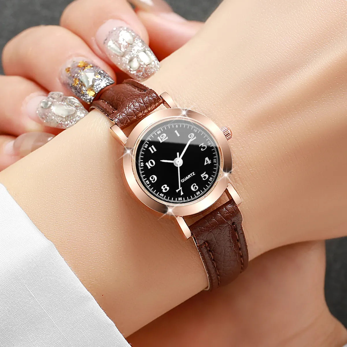 Fashion small dial women's watch with leather band, analog quartz movement, suitable for ladies and girls, without box.