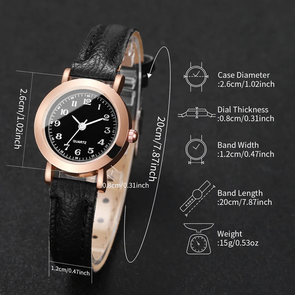 Fashion small dial women's watch with leather band, analog quartz movement, suitable for girls and ladies, no box included.