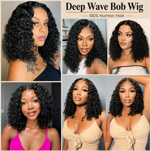(Faye) Deep Wave Bob Human Hair Wig, 13x4 HD Lace Front or 4x4 HD Lace Closure, Glueless Wear and Go