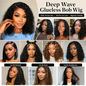 (Faye) Deep Wave Bob Human Hair Wig, 13x4 HD Lace Front or 4x4 HD Lace Closure, Glueless Wear and Go