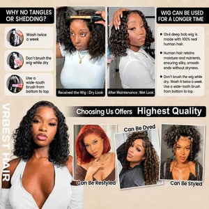 (Faye) Deep Wave Bob Human Hair Wig, 13x4 HD Lace Front or 4x4 HD Lace Closure, Glueless Wear and Go
