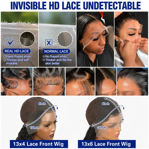 (Food Court Baddie) Sleek Straight 13"X4" HD Lace Frontal Human Hair Wig 200%-300% Density, 22"-40" Inches